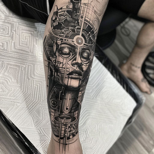 Mental health tattoos in J.P. Targete style with futuristic and surreal elements