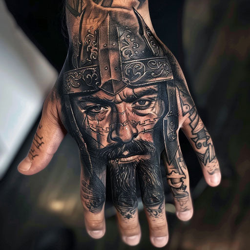 Men's hand tattoo with realistic warrior portraits