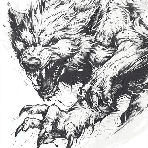 Terrifying werewolf transformation, intricate tattoo on white.