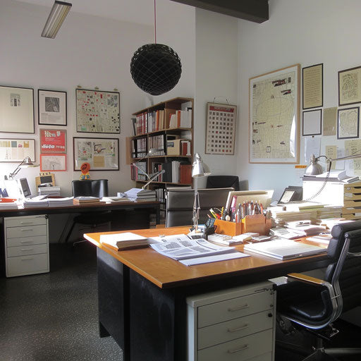 Art curator's office with catalogs and exhibition plans