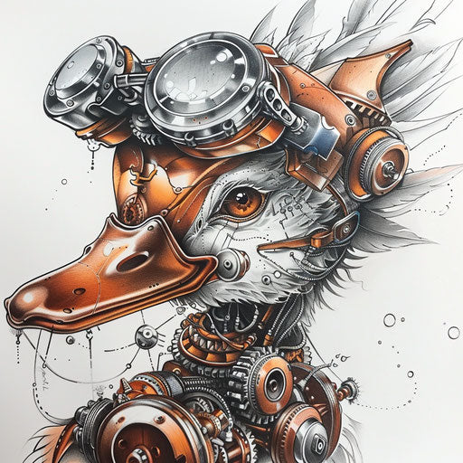 Steampunk duck with mechanical elements and copper tones, tattoo design on white background