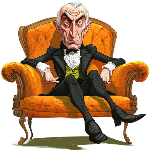 Humorous caricature of an Alessandro Volta clipart with human characteristics, exaggerated arched eyebrows, thin arms, sitting on a couch, vibrant colors, cartoon style, angry, high resolution, no background, isolated