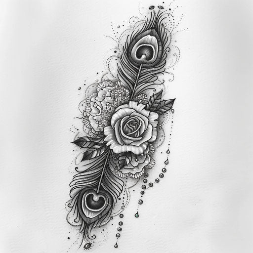 Romantic peacock feather tattoo sketch with rose motifs and delicate lace elements