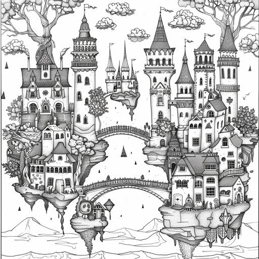 Whimsical city with floating islands connected by bridges