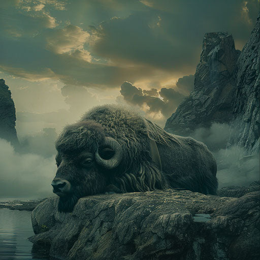 Musk ox in a serene and poetic scene in the style of Gregory Colbert