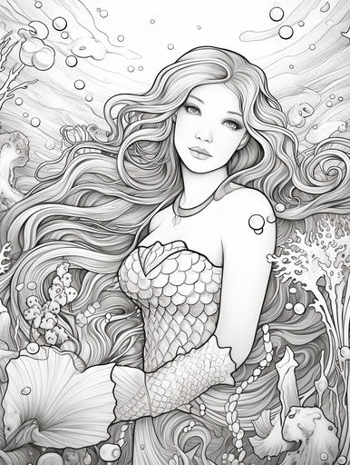 Coloring page with a mermaid, seashells, and waves