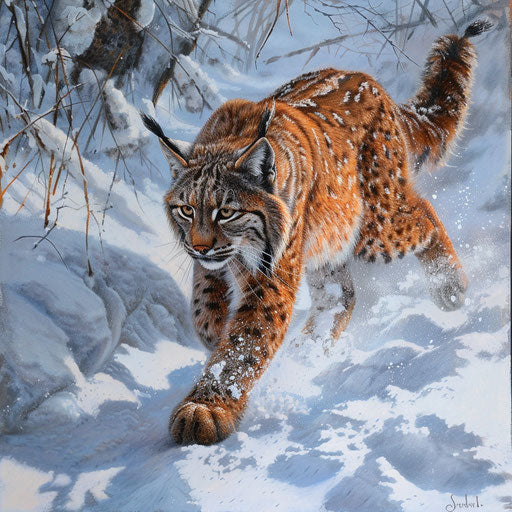 A lynx stalking through deep snow