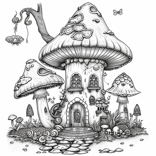 Whimsical elf house in a giant mushroom with fun details