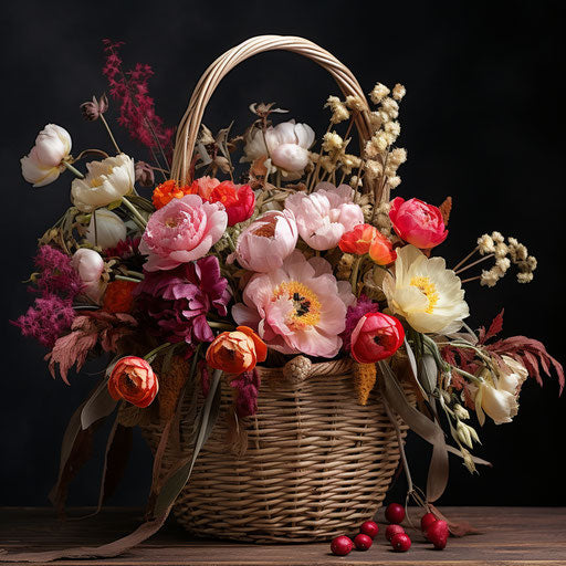 Flowers and a basket in a wooden basket, flowerpunk style, captivating, pretty, beautiful