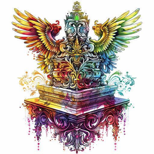 Colorful tattoo design of the Ark of the Covenant with cherubim and detailed ornaments