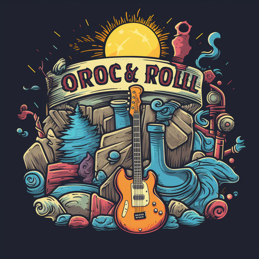 The rock and roll logo, in the style of David Nordahl