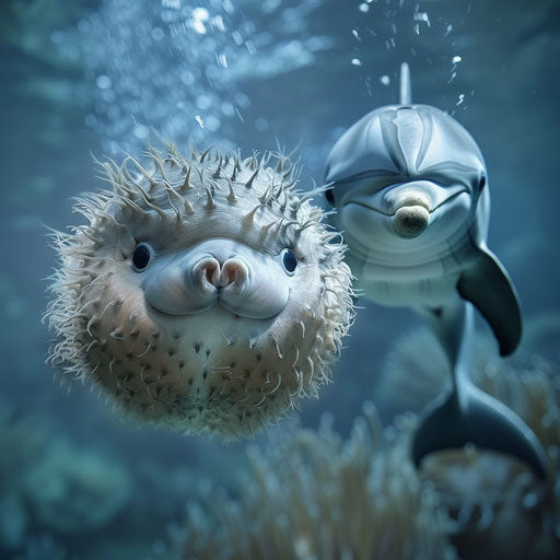 Puffer fish swimming in tandem with dolphins
