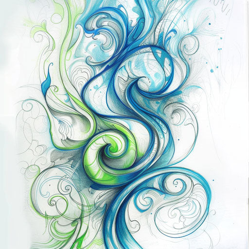Artistic tattoo sketch of an abstract design with swirls and curves, bright blue and green hues