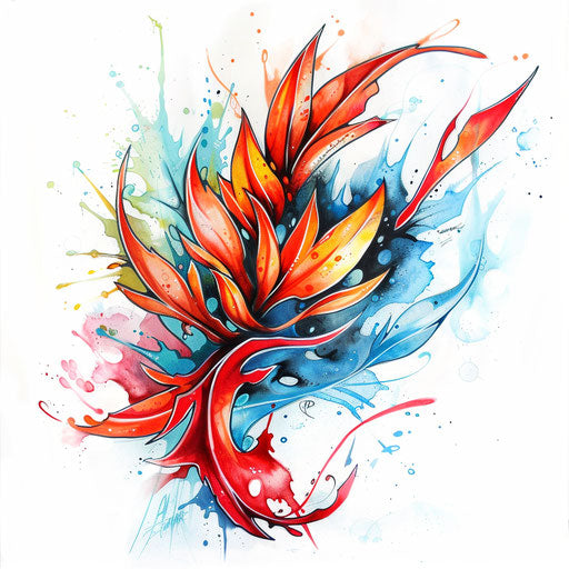 Graffiti-style flame tattoo design with bold colors and spray paint effects on white backdrop