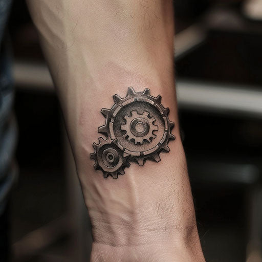 Tiny wrist tattoos in the shape of a gear