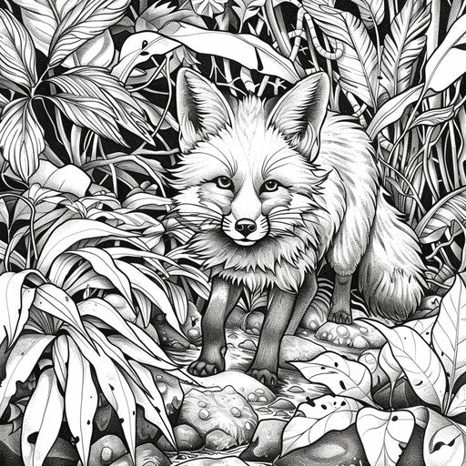 Fox exploring a dense jungle, in the style of Mark Schultz, Coloring book page