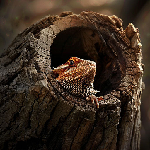Curious bearded dragon in a hollow log