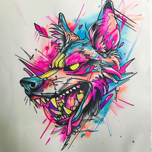 Retro tattoo sketch of a lobo inspired by 1980s graphics with neon colors