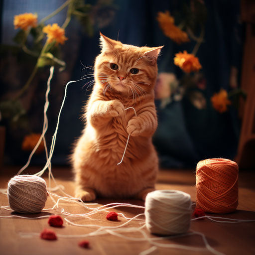 Ginger cat playing with yarn