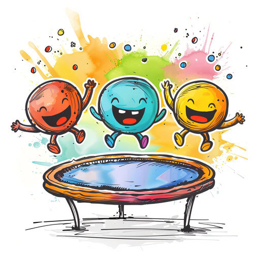 Three cheerful dots on a colorful and dynamic trampoline