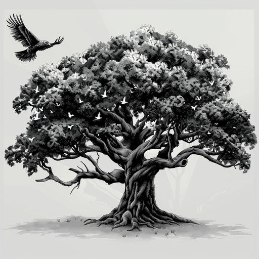 Illustration of an oak tree with detailed wings on flat background