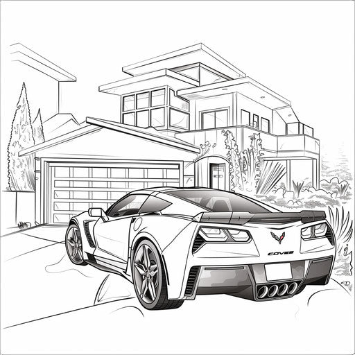 Corvette in front of a stylish modern house. Coloring book page