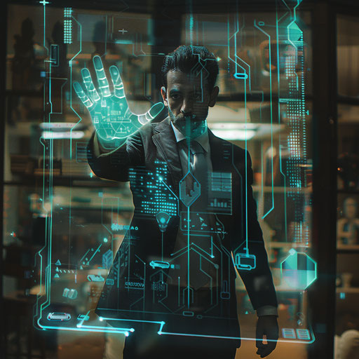 Business man with a transparent holographic computer