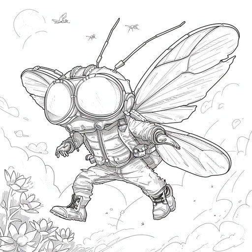 Whimsical superhero ant flying. Coloring book page
