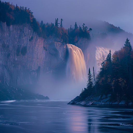 Montmorency Falls, Quebec, at dusk with soft, ethereal lighting