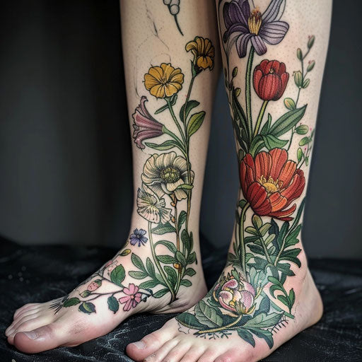 Foot tattoos in the style of Maria Sibylla Merian with botanical illustrations