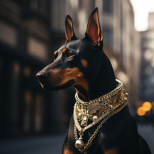 White doberman sitting on street with golden and black choke collar