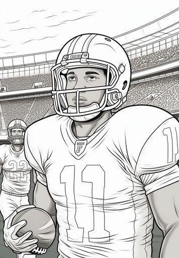 Football player coloring page in the style of richly colored skies