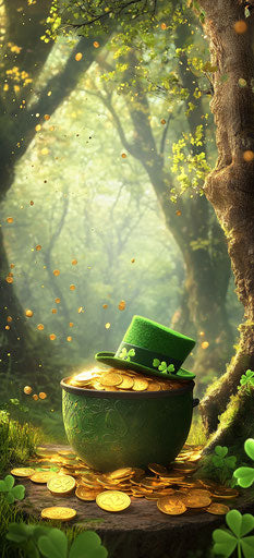 Green treasure and hat surrounded by trees in enchanted forest