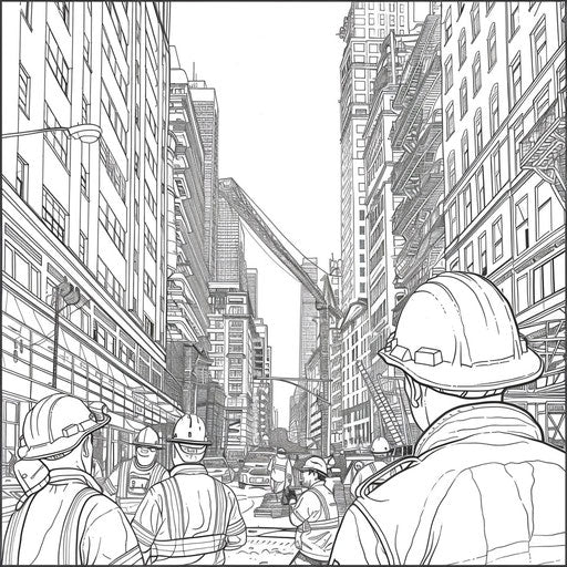 Detailed cityscape with workers in Stephen Wiltshire style