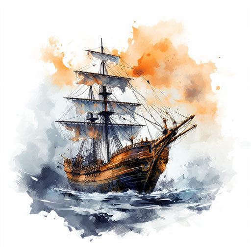 Pirate ship clipart in the style of Impressionistic Art, on white background