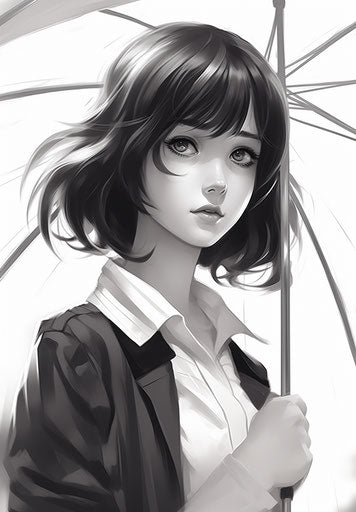 Youth with an umbrella, black and white drawing style