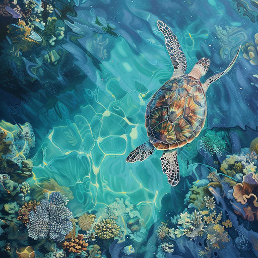 Sea turtle swimming in blue waters with coral backdrop