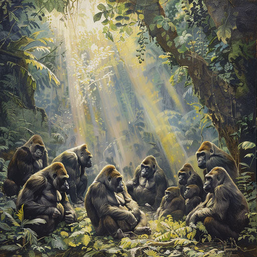 Western lowland gorillas gathered in forest glade