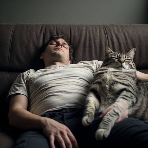 American cat sleeping on a couch with its owner