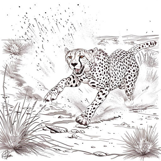 Detailed illustration of a cheetah sprinting in the savannah with flying dust. Coloring book page