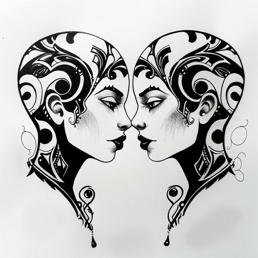 Gemini flat tattoo sketch, mirror-image twins with contrasting black and white motifs