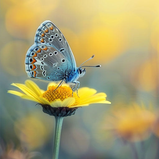 Xerces blue butterfly on bright yellow center of a daisy
