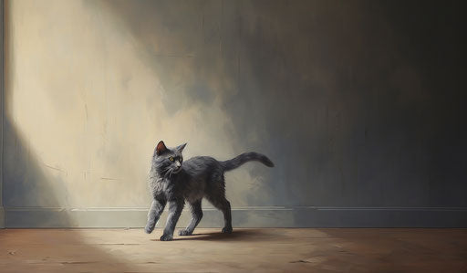 A gray cat walking in the house