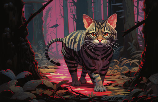 Striped cat walking on a log in the jungle