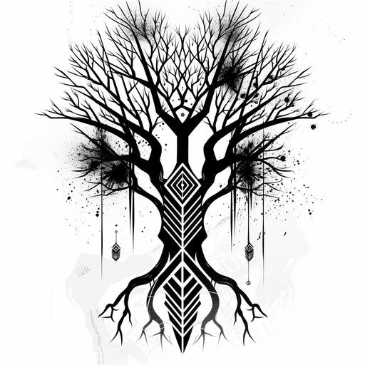 Art Deco tree of life with symmetrical patterns on white