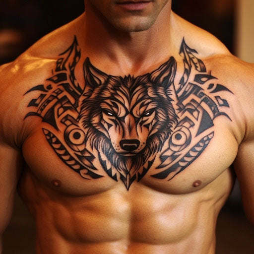 Tribal tattoos for men with a wolf's head surrounded by tribal designs on the chest in the style of Ed Hardy