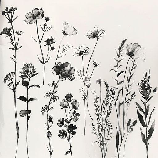 Array of wildflower tattoos in monochromatic scheme