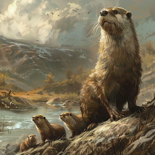Majestic otter guarding its family from riverbank
