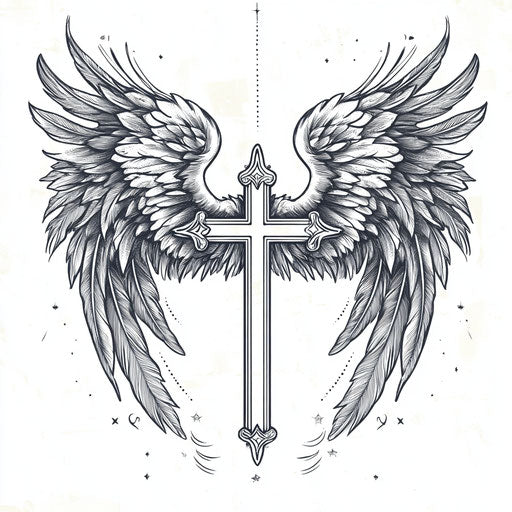 Religious tattoo for men with cross and angel wings