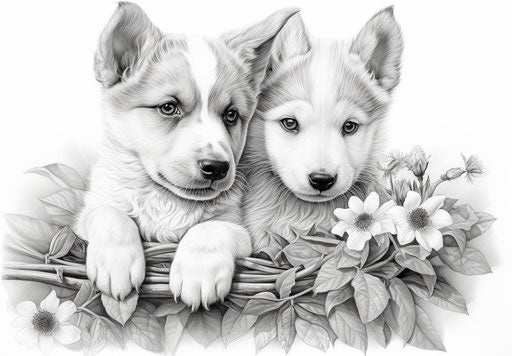 Two puppies coloring ultra detailed, transcendent silver and magenta pages